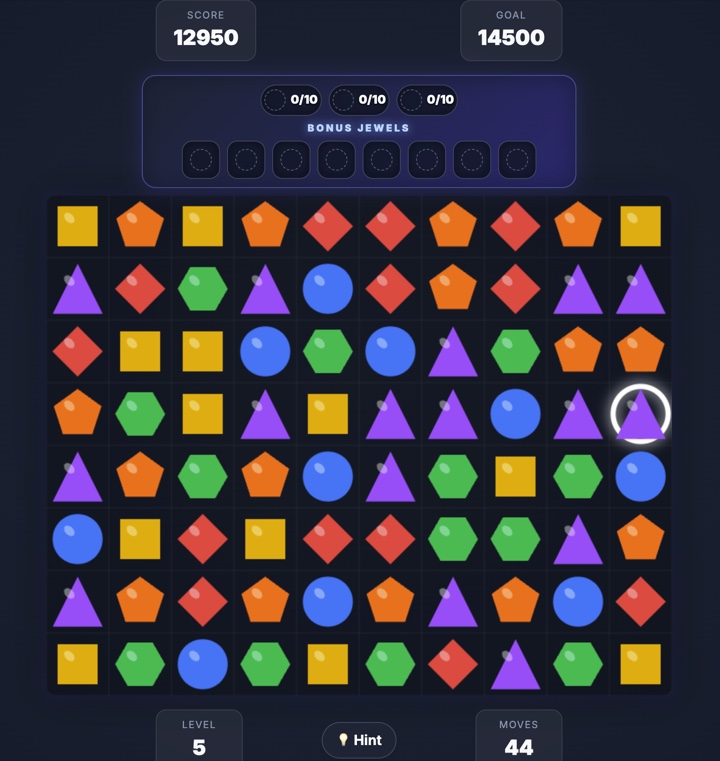 Gem Match puzzle board with colorful geometric jewels